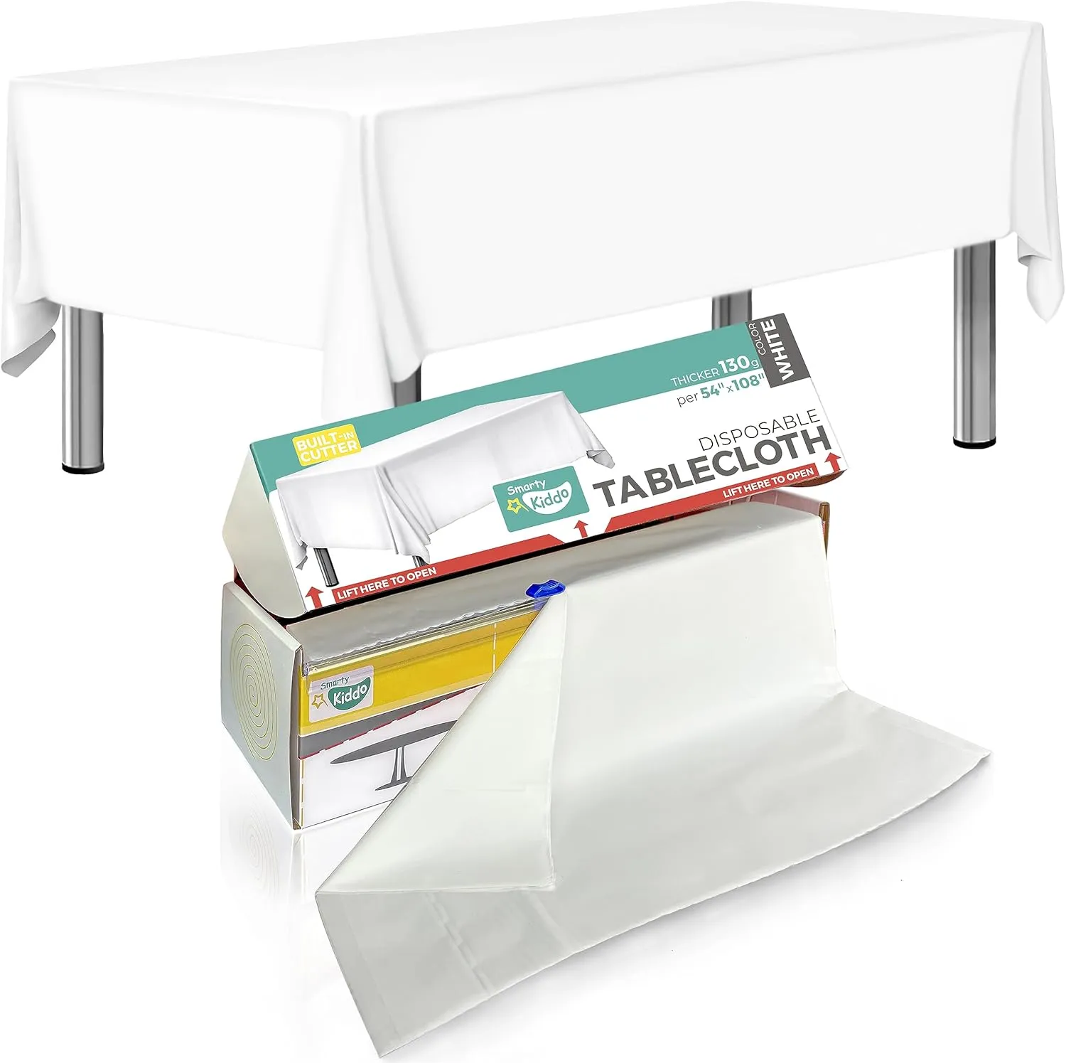 54in X 100ft White Premium Plastic Disposable Tablecloth Roll with in Built Cutter Box | Table Cover for Party, Picnic, Banquet & Kids Activities