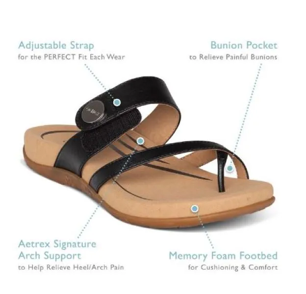 Aetrex Black Sparkle Izzy Adjustable Slide Womens Sandals SE230