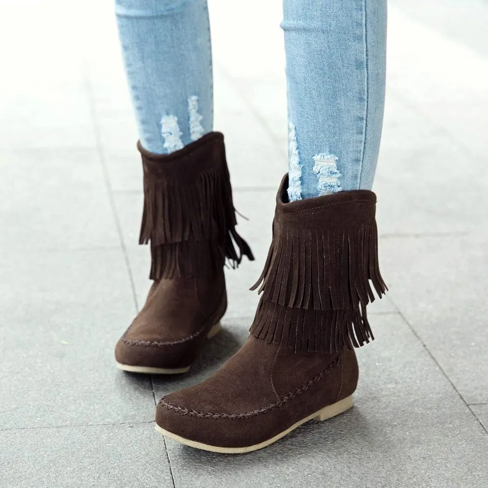 ANUFER Women's Fashion Double-Fringe Moccasin Boots Mid-calf Cowboy Boots