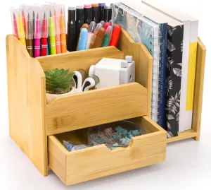 Bamboo Desk Organizer, Multi-Use Tabletop Storage File Holder with Drawer, 5 Compartments Countertop Organization Desk Accessories for Home Office Supplies, No Assembly Required