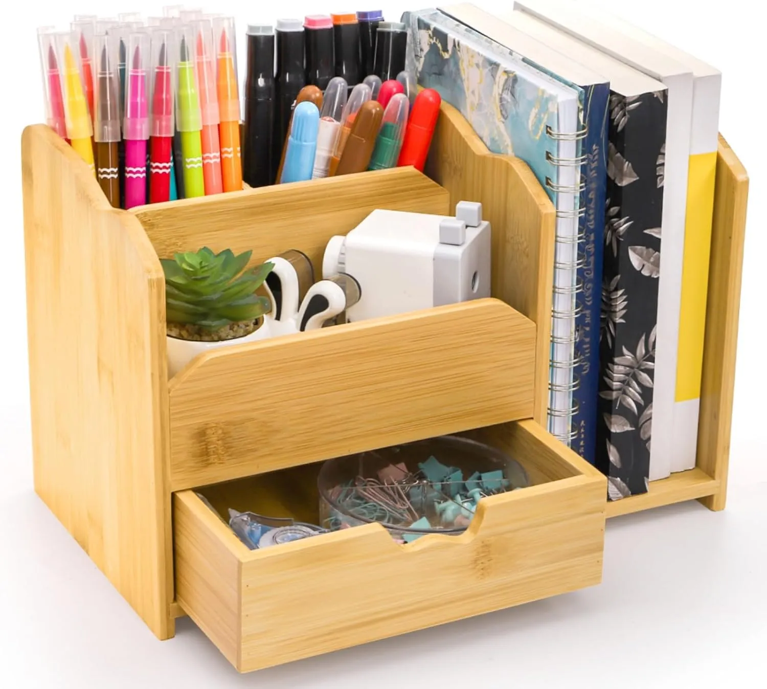 Bamboo Desk Organizer, Multi-Use Tabletop Storage File Holder with Drawer, 5 Compartments Countertop Organization Desk Accessories for Home Office Supplies, No Assembly Required