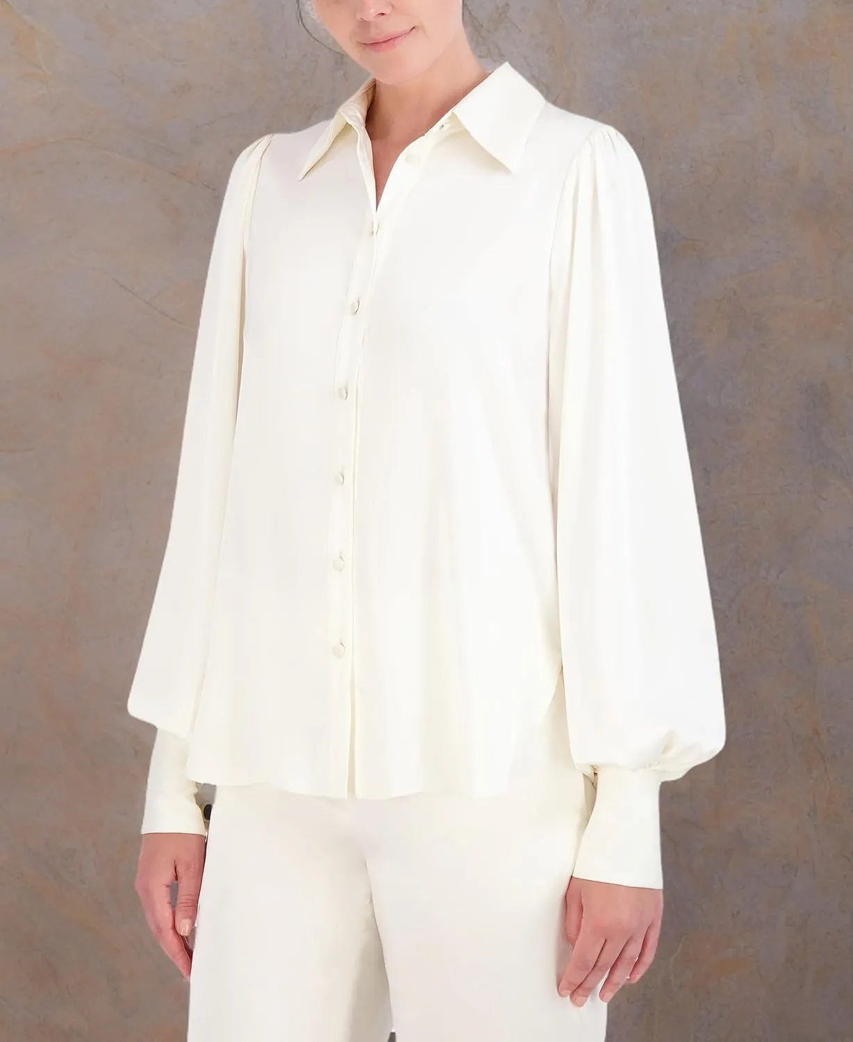 BCBGMAXAZRIA Women's Collar Neck Long Balloon Sleeve Satin Shirt