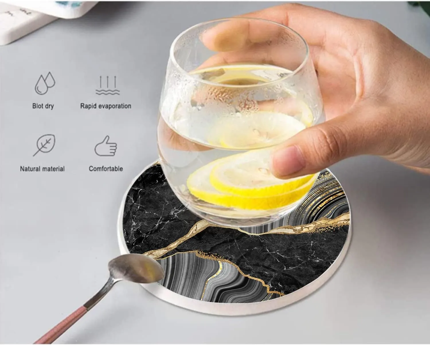 Black Marble 4in Coasters for Drinks Absorbent with Holder Drink Coasters with Cork Base Absorbent Coaster Set Housewarming Gift - Set of 4 Coasters…