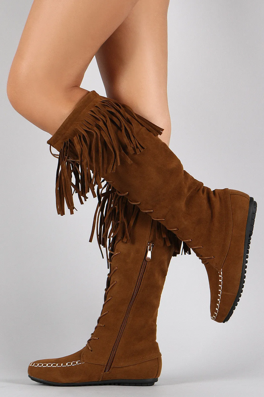 Boot Moccasin High Fringe Value-for-money Up Lace Suede Flat Top pick Knee