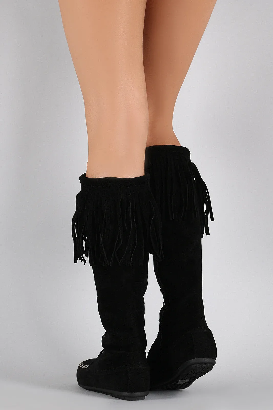 Boot Moccasin High Fringe Value-for-money Up Lace Suede Flat Top pick Knee