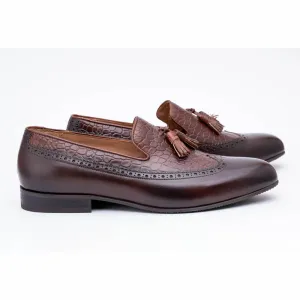 Brown Wingtip Tassel Loafer With Croco Detail