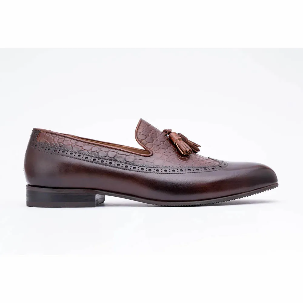 Brown Wingtip Tassel Loafer With Croco Detail