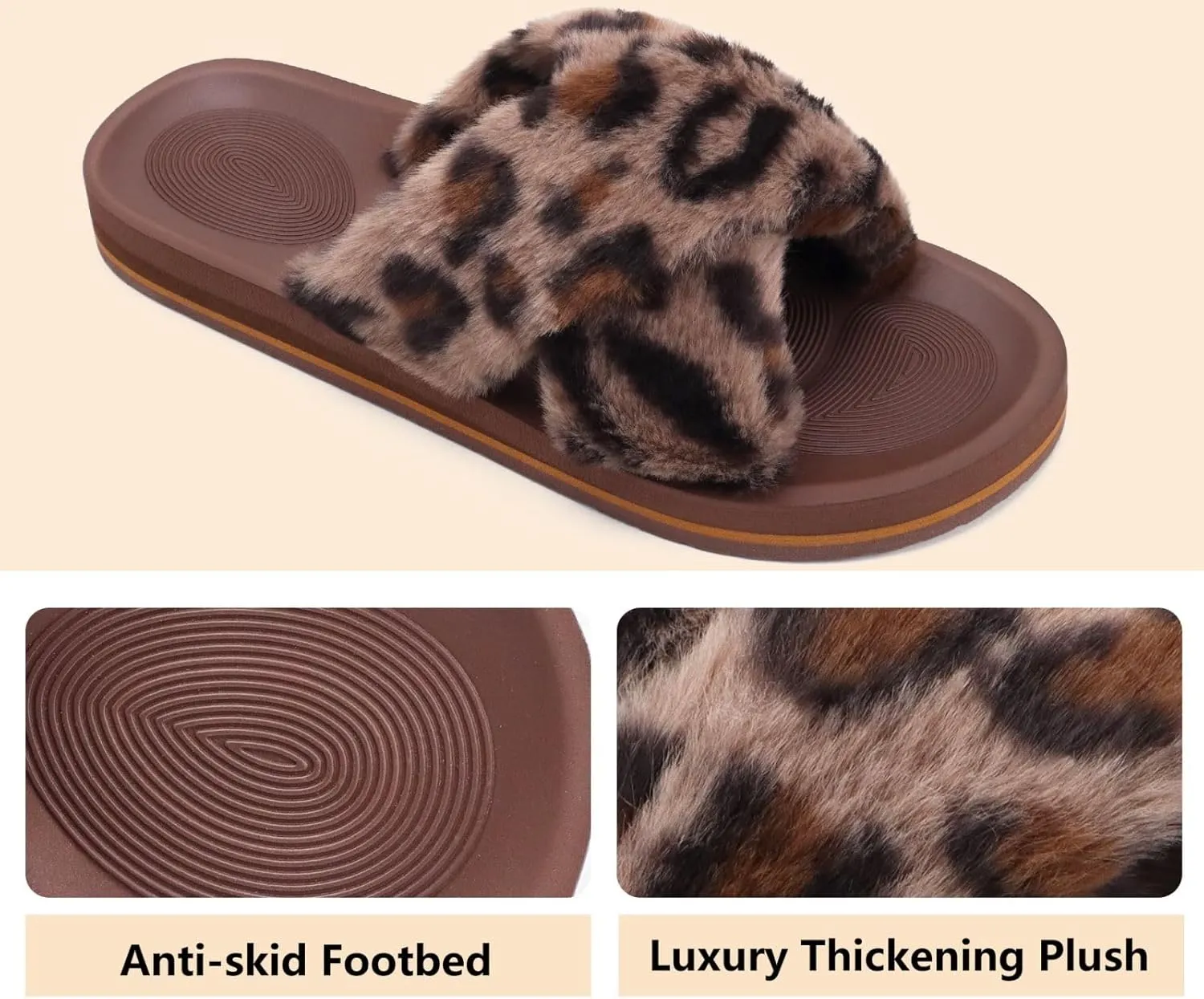 COFACE Womens Fuzzy Slides Fluff Faux Fur Cross Slippers Open Toe Yoga Mat House Slippers Sandals With Arch Support For Indoor/Outdoor