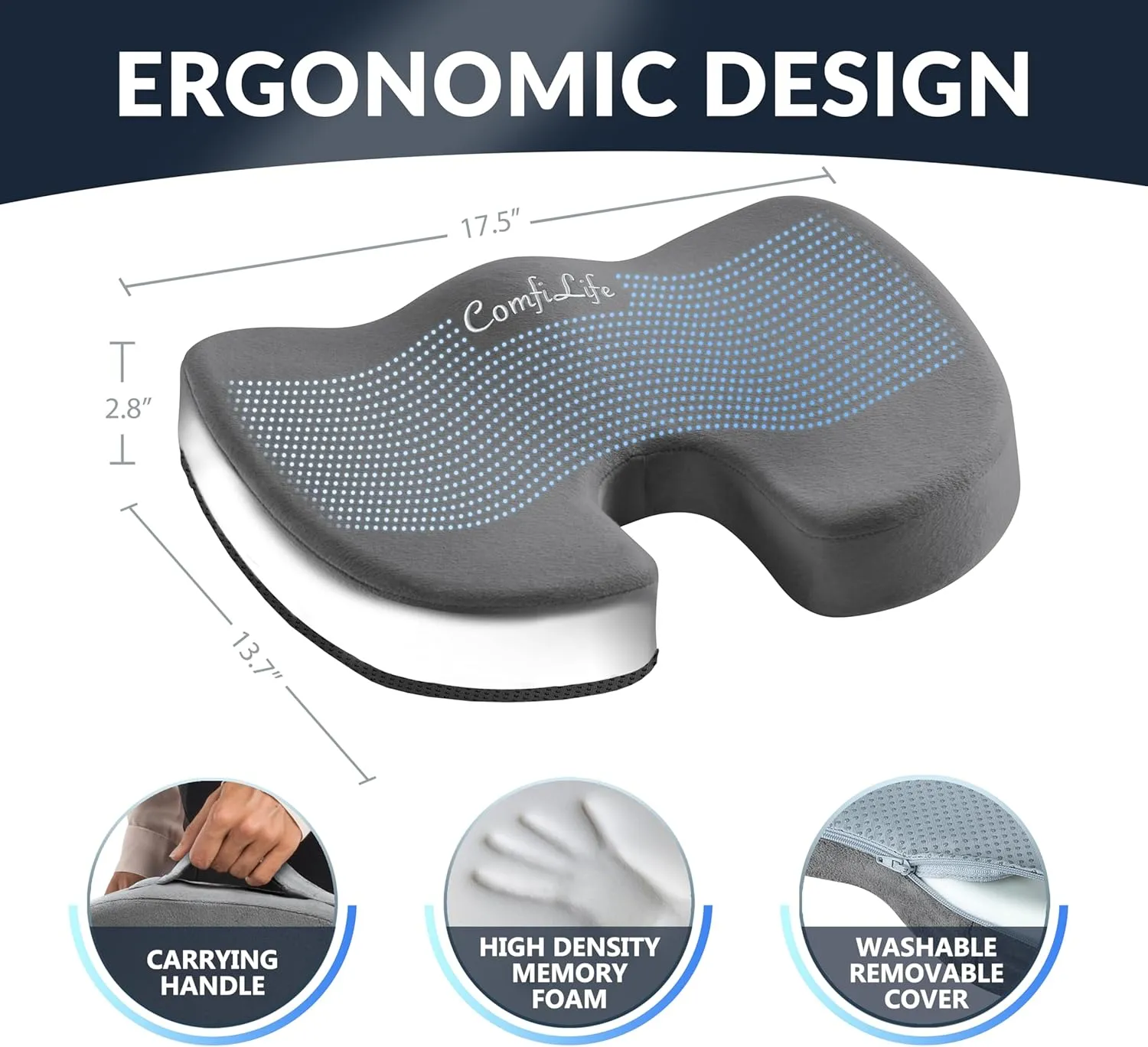 ComfiLife Premium Gel & Memory Foam Seat Cushion – Doctor Recommended Office Chair Cushion, Car Seat Cushion – Chair Cushions for Back & Sciatica Pain Relief – Seat Cushions for Office Desk (Charcoal)