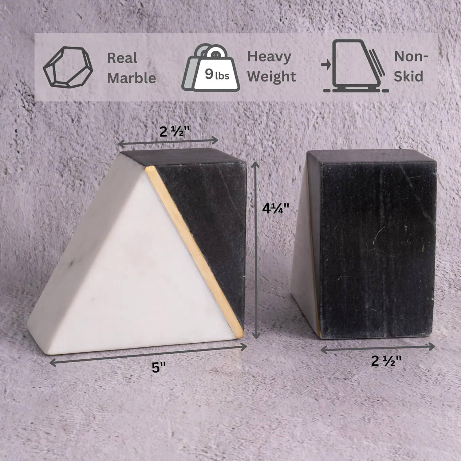 Cork & Mill Marble Book Ends for Shelves, Decorative Bookends for Heavy Books, Unique Mid Century Modern Gray and White Bookends with Brass Inlay, Heavy Duty Bookshelf Stopper, Set of 2