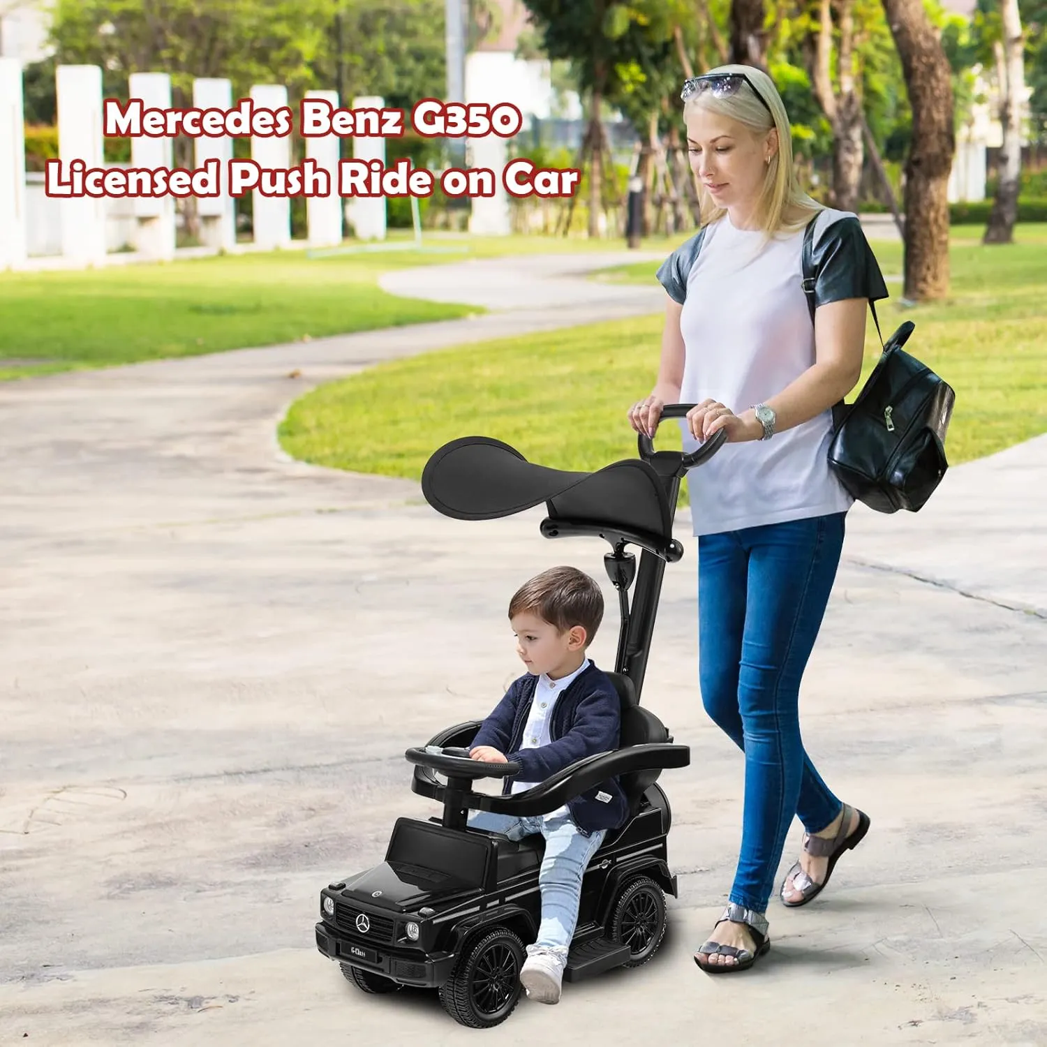 Costzon Push Car for Toddlers, 3 in 1 Mercedes Benz Stroller Sliding Walking Car w/Canopy, Handle, Armrest Guardrail, Underneath Storage, Horn Sound, Foot-to-Floor Ride On Toy for Boys Girls (Black)