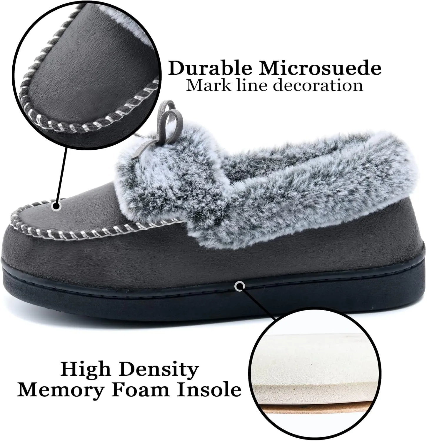 DL Women's Fuzzy Warm Moccasin Slippers Memory Foam, Soft Fluffy Winter House Closed Back Fur Lined, Cozy Ladies Suede Indoor Bedroom Houseshoes Non-Slip