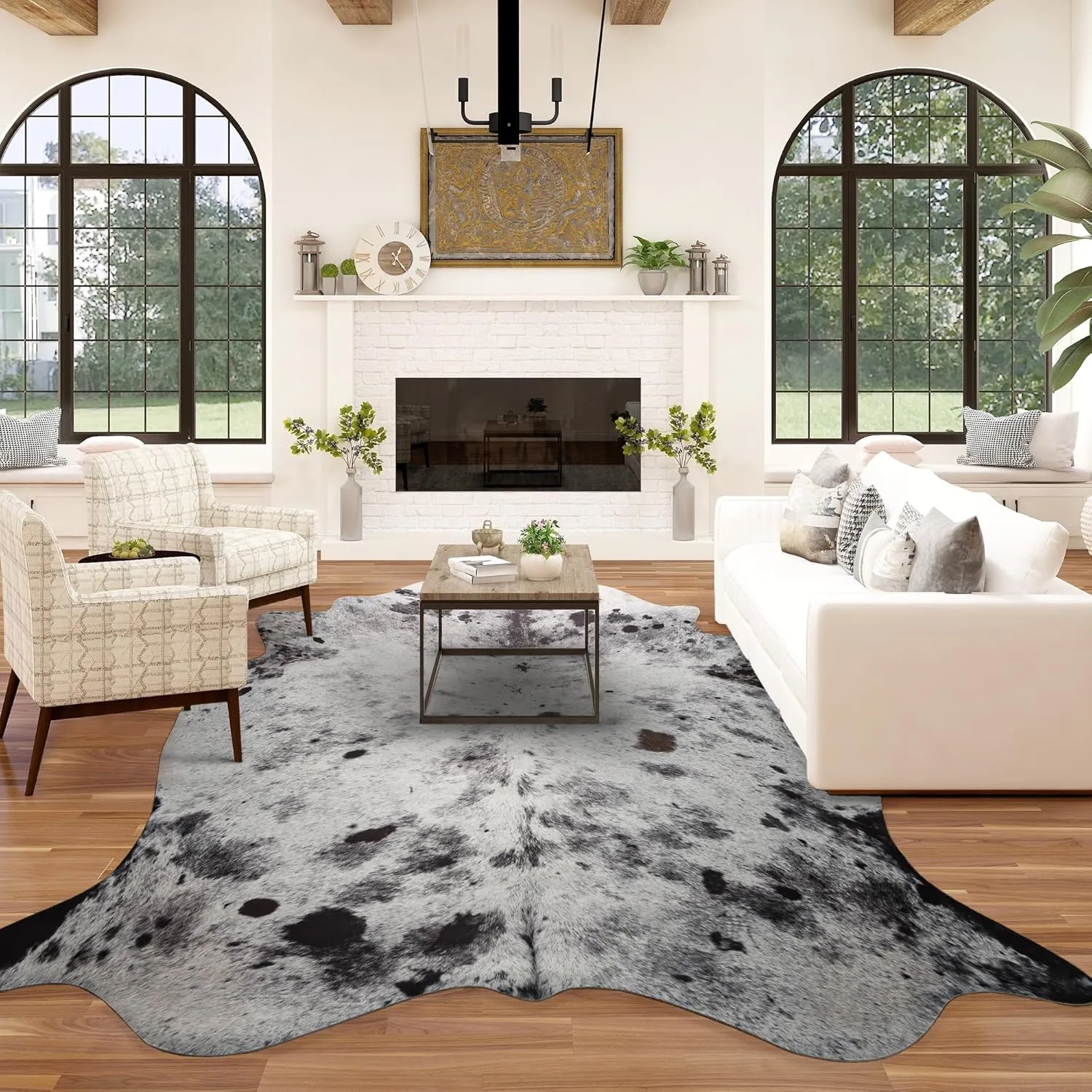 Exquisite Cowhide Rug, 6.2 x 7 ft Faux Cowhide for Living Room Bedroom, Cow Print Rug for Wall, Non-Slip, Grey White