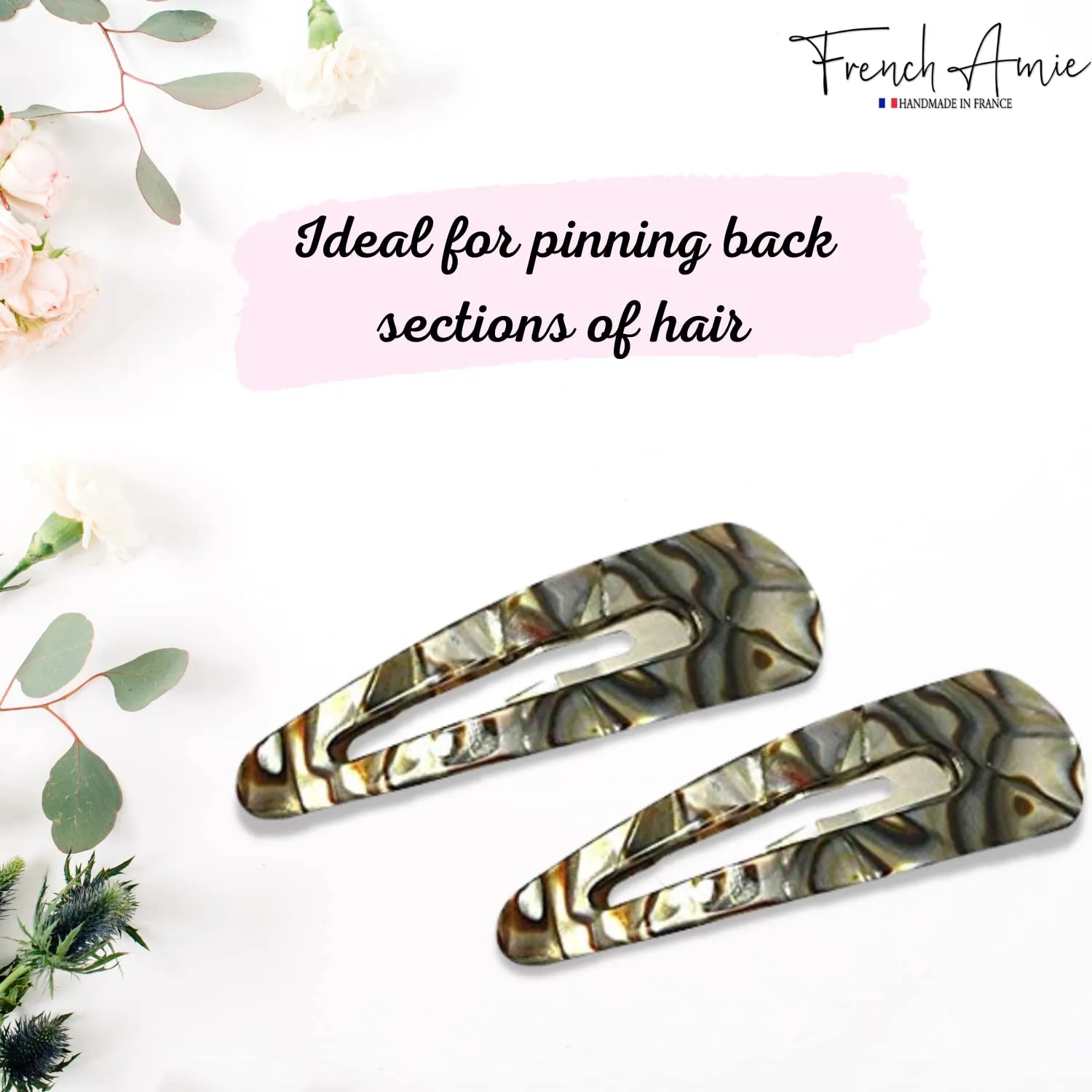 French Amie Clic Clac Large Handmade Celluloid Acetate Set of 2 Snap Hair Clips No Slip Side Slide-in Barrette for Women and Girls (Onyx Silver Grey)