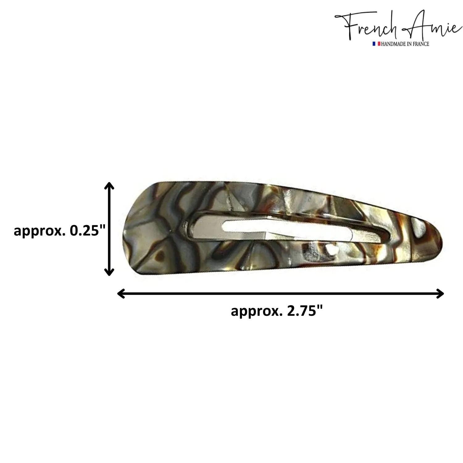 French Amie Clic Clac Large Handmade Celluloid Acetate Set of 2 Snap Hair Clips No Slip Side Slide-in Barrette for Women and Girls (Onyx Silver Grey)
