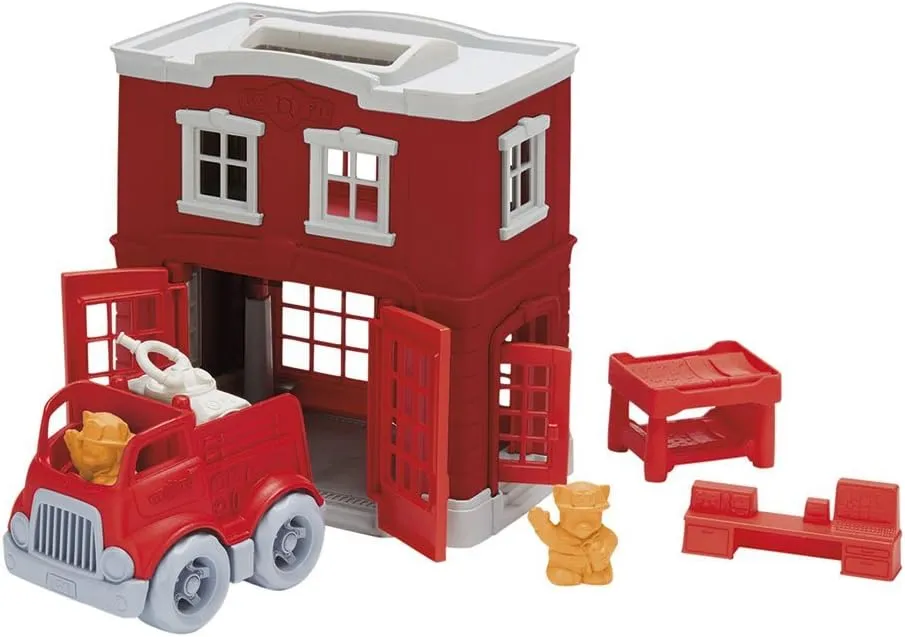 Green Toys Fire Station Playset - 8 Piece Pretend Play, Motor Skills, Language & Communication Kids Role Play Toy. No BPA, phthalates, PVC. Dishwasher Safe, Recycled Plastic, Made in USA.