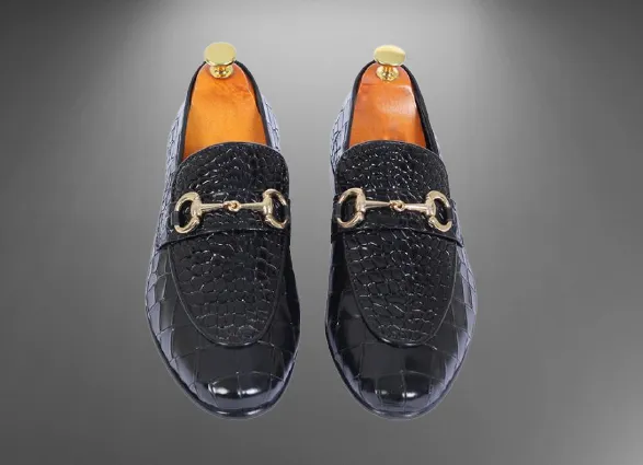 Handmade Black Crocodile Textured Leather Moccasin Shoes