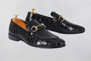 Handmade Black Crocodile Textured Leather Moccasin Shoes