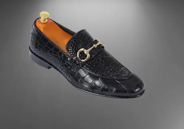 Handmade Black Crocodile Textured Leather Moccasin Shoes