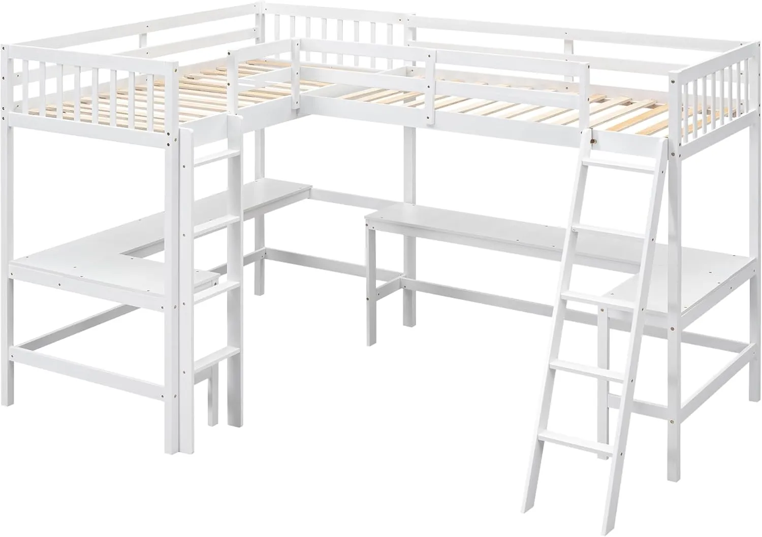 Harper & Bright Designs L-Shaped Loft Bed with Desks, Wood Twin Size Loft Bed with Ladder & 2 L-Shaped Desks, Corner Twin Bed for Kids, Teens, Adults (White)