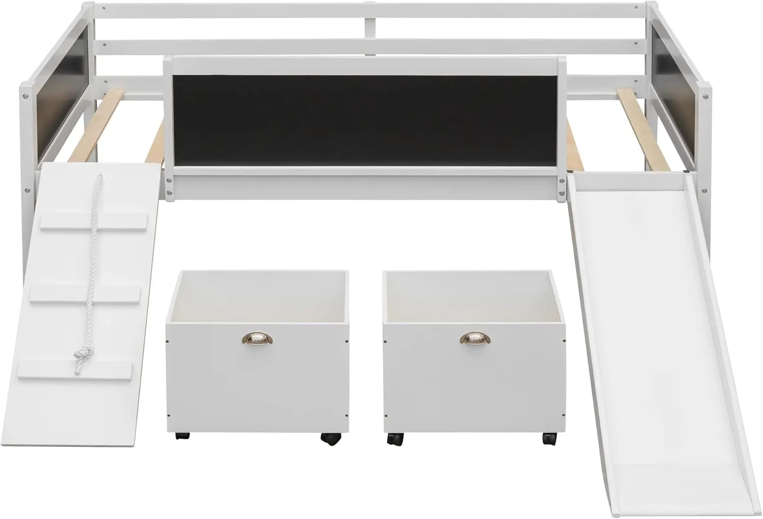 Harper & Bright Designs White Low Loft Bed with Slide, Wooden Twin Loft Bed for Kids, Loft Bed Twin with 2 Toy Boxes, Chalkboard and Climbing Frame, Junior Loft Bed Frame for Girls Boys