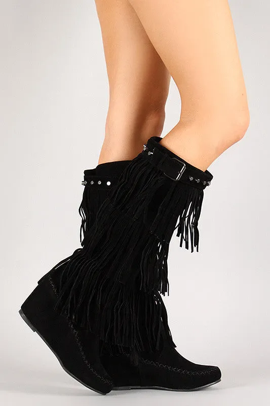 High Fringe Studded Unbeatable variety Boot Knee Moccasin Wedge Comprehensive assistance