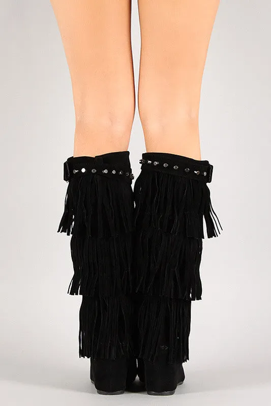 High Fringe Studded Unbeatable variety Boot Knee Moccasin Wedge Comprehensive assistance