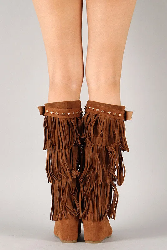 High Fringe Studded Unbeatable variety Boot Knee Moccasin Wedge Comprehensive assistance