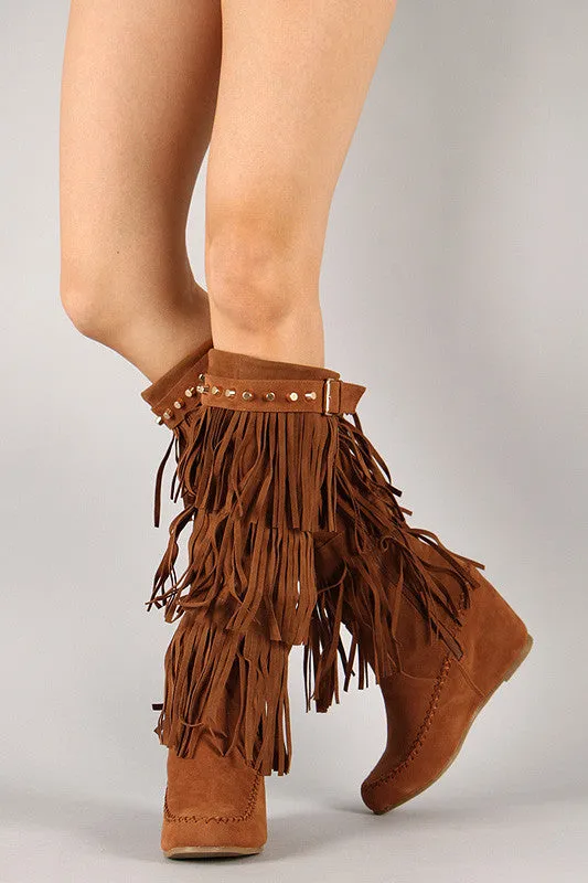 High Fringe Studded Unbeatable variety Boot Knee Moccasin Wedge Comprehensive assistance