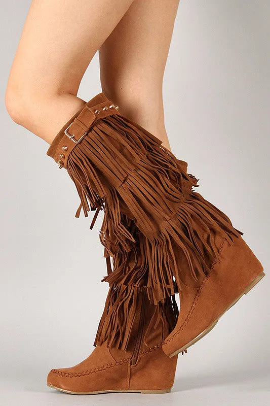 High Fringe Studded Unbeatable variety Boot Knee Moccasin Wedge Comprehensive assistance