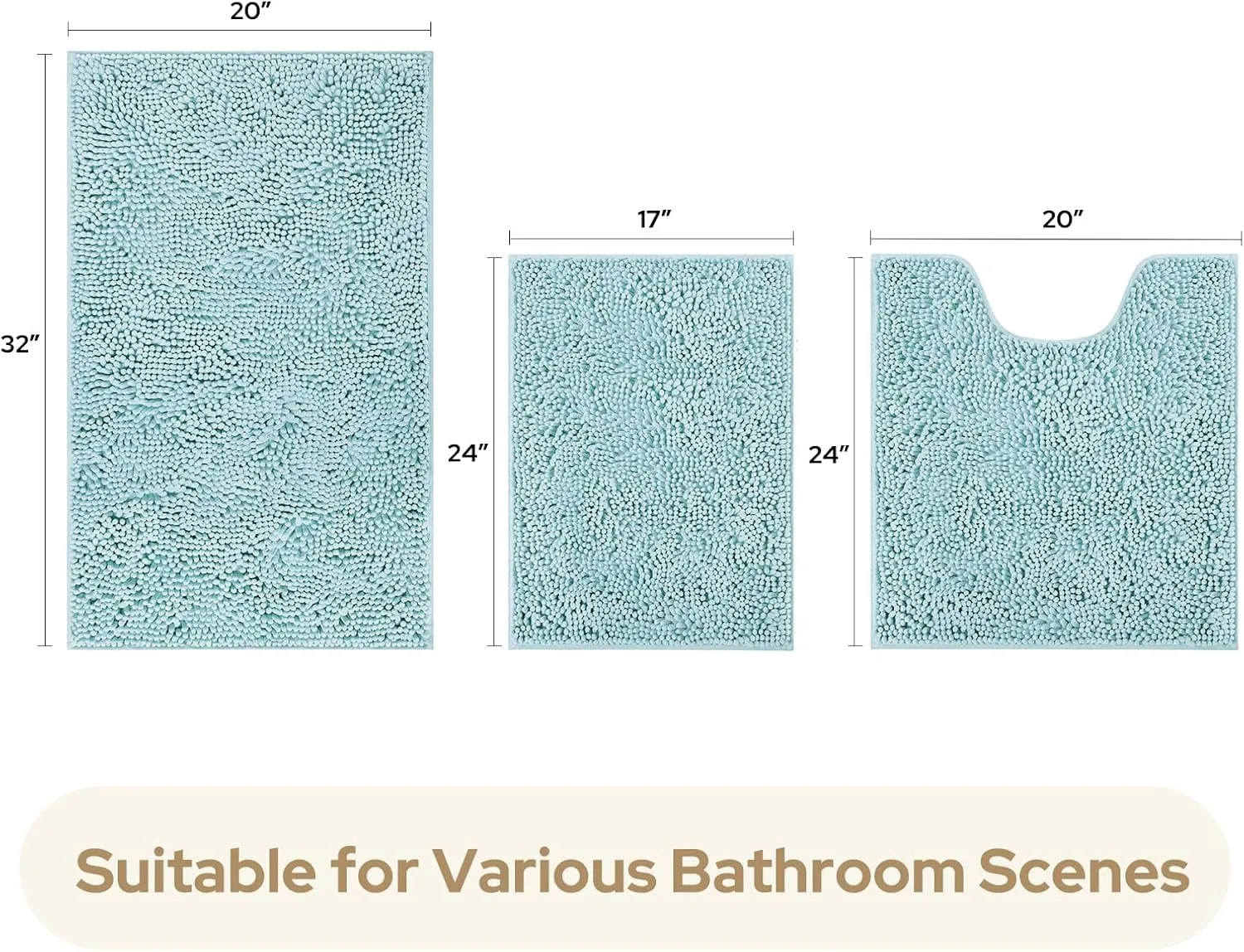 HOMEIDEAS 3 Pieces Bathroom Rugs, Ultra Soft Non Slip Absorbent Chenille Toilet Bath Mat Set (Light Blue)