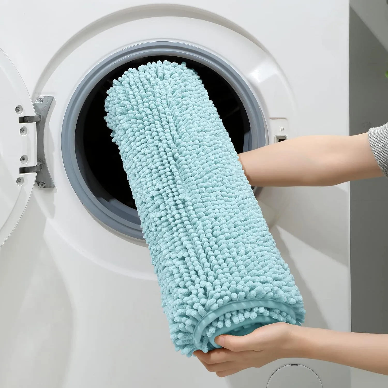 HOMEIDEAS 3 Pieces Bathroom Rugs, Ultra Soft Non Slip Absorbent Chenille Toilet Bath Mat Set (Light Blue)
