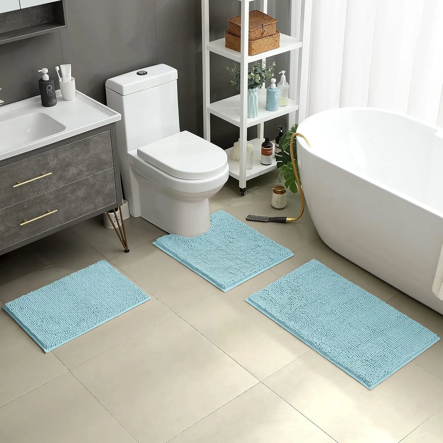 HOMEIDEAS 3 Pieces Bathroom Rugs, Ultra Soft Non Slip Absorbent Chenille Toilet Bath Mat Set (Light Blue)