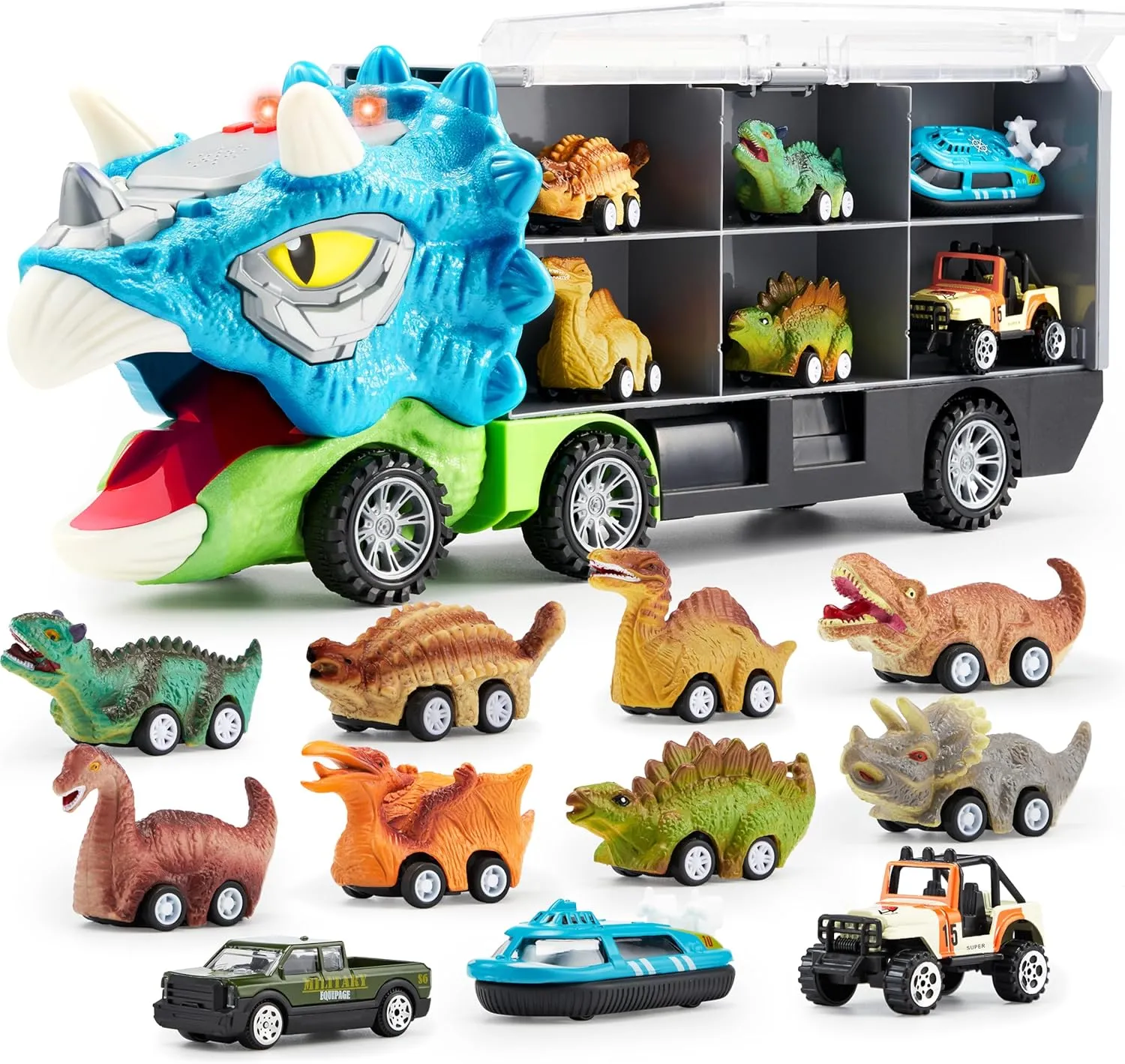 JOYIN 13 in 1 Dinosaur Toys for Kids 3-5, Triceraptor Dinosaur Truck with 12 Pull Back Cars, Birthday Gifts Toys for 3 4 5  Year Old Boy, Transport Carrier Truck for Toddlers 3-4 Years