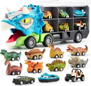JOYIN 13 in 1 Dinosaur Toys for Kids 3-5, Triceraptor Dinosaur Truck with 12 Pull Back Cars, Birthday Gifts Toys for 3 4 5  Year Old Boy, Transport Carrier Truck for Toddlers 3-4 Years