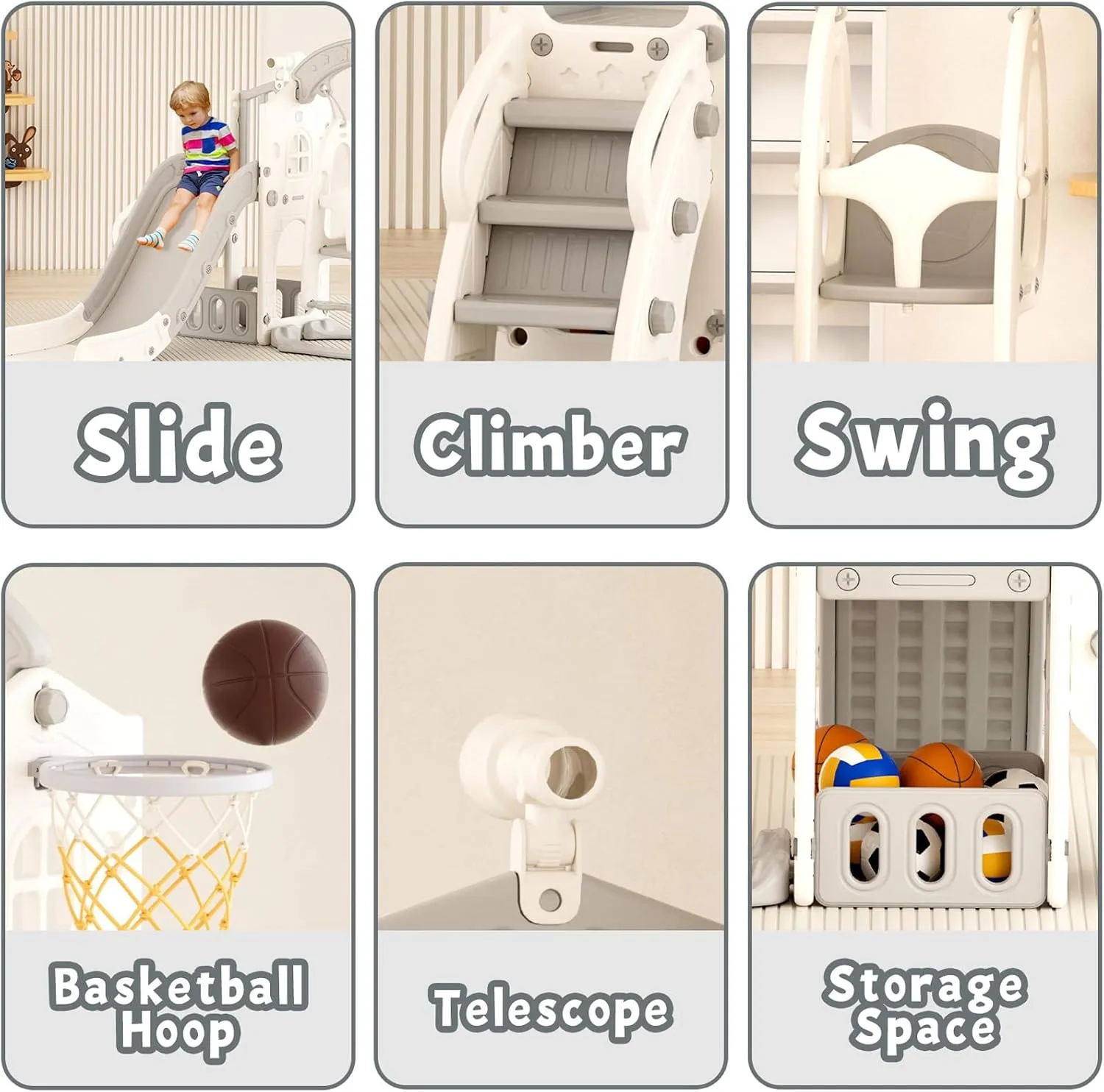 KORIMEFA 6 in 1 Toddler Slide and Swing Set for Toddler Age 1-3 Years, 4-in-1 Toddles Extra-Large Playset Playground Indoor and Outdoor Swing Slide Climber Playset w/Basketball Hoop, Gray