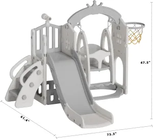 KORIMEFA 6 in 1 Toddler Slide and Swing Set for Toddler Age 1-3 Years, 4-in-1 Toddles Extra-Large Playset Playground Indoor and Outdoor Swing Slide Climber Playset w/Basketball Hoop, Gray