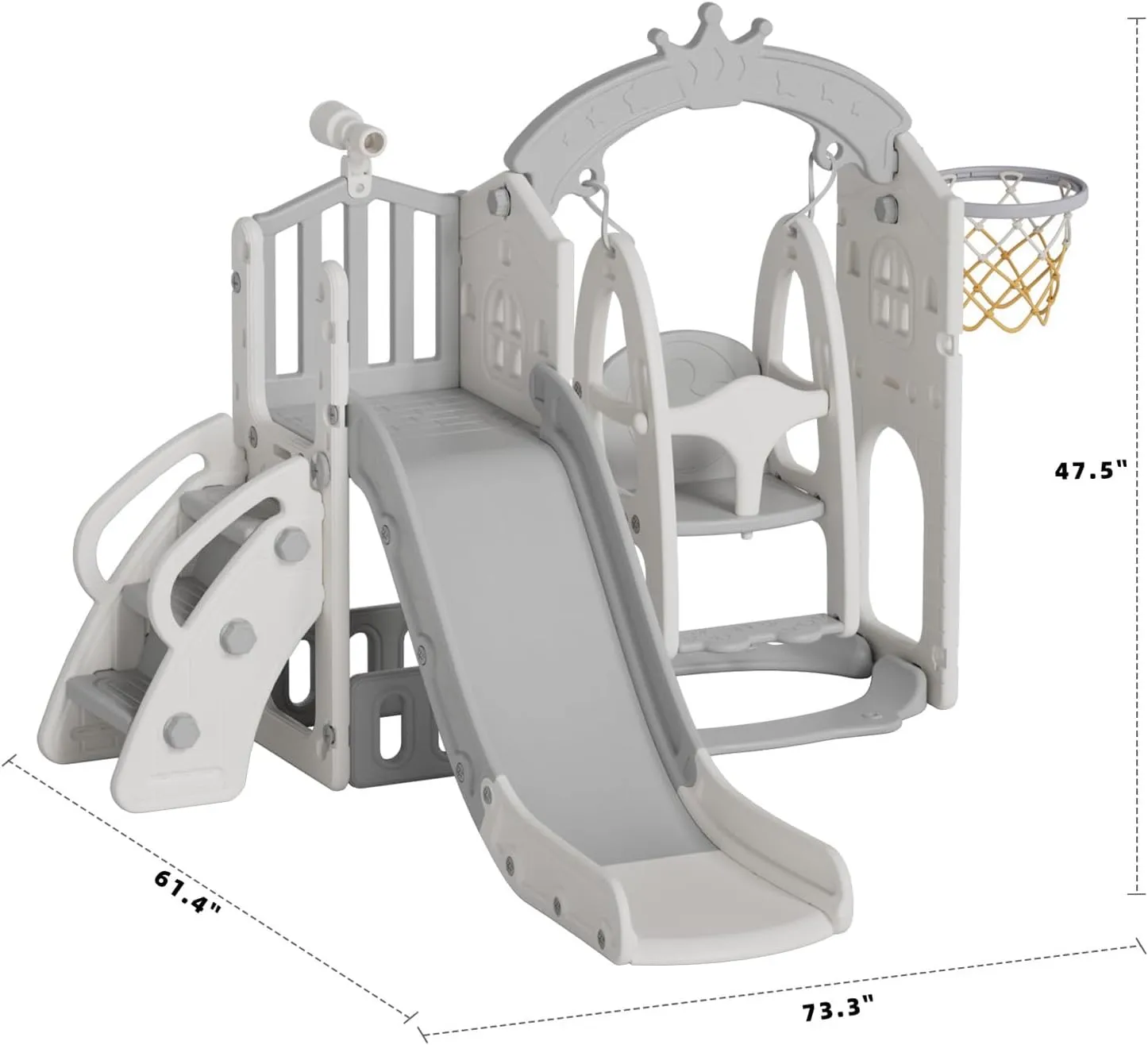 KORIMEFA 6 in 1 Toddler Slide and Swing Set for Toddler Age 1-3 Years, 4-in-1 Toddles Extra-Large Playset Playground Indoor and Outdoor Swing Slide Climber Playset w/Basketball Hoop, Gray