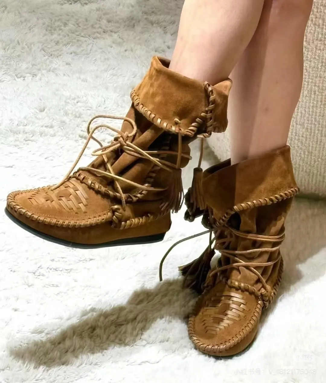 KysBloes Women's Slouchy Boots Fringe Moccasin Shoes Fold Over Flats Lace Up Tassel Comfortable Suede Ankle Boots