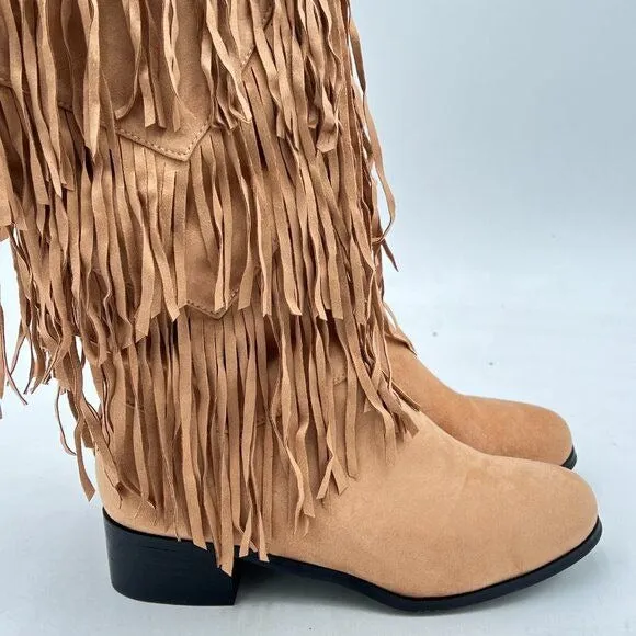 Light Brown Women Cowgirl Layer Fringe Tassel Knee High Long Boot Western Boots