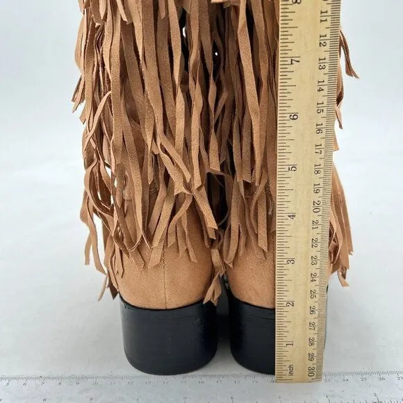 Light Brown Women Cowgirl Layer Fringe Tassel Knee High Long Boot Western Boots