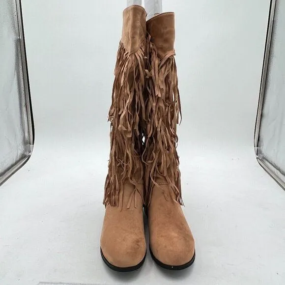 Light Brown Women Cowgirl Layer Fringe Tassel Knee High Long Boot Western Boots