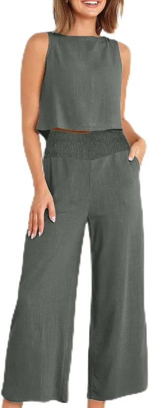 Linen Two Piece Sets For Women Summer 2024 Casual Sleeveless Crop Top & High Waist Wide Leg Matching Lounge Set Outfits