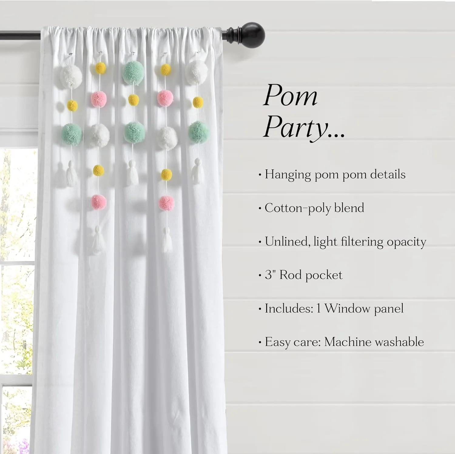 Lush Decor Boho Pom Pom Tassel Linen Window Curtain Panel (Single Panel), 84" L x 52" W, Aqua & Pin