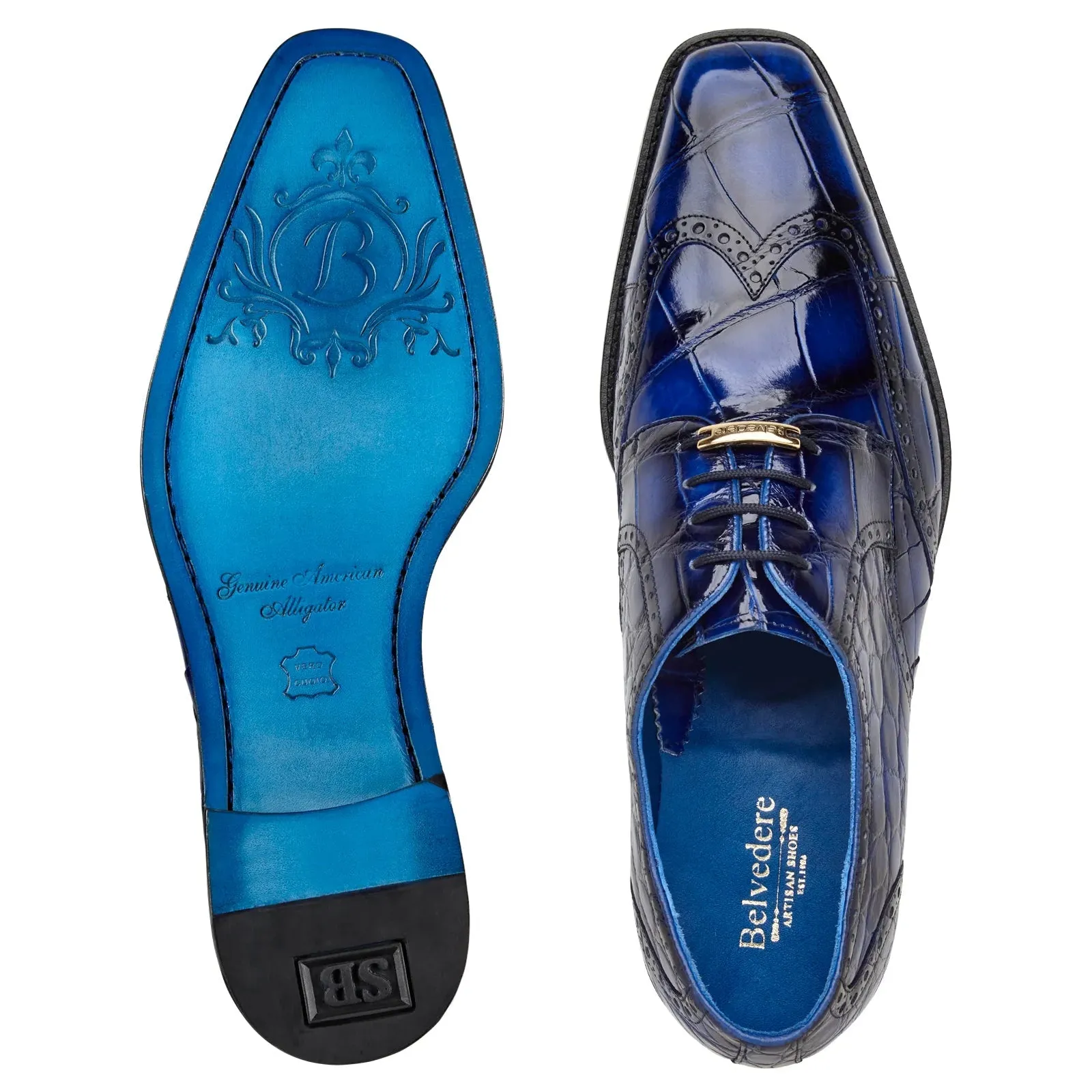 Men's Belvedere Santo American Alligator Wingtip Dress Shoe in Antique Blue