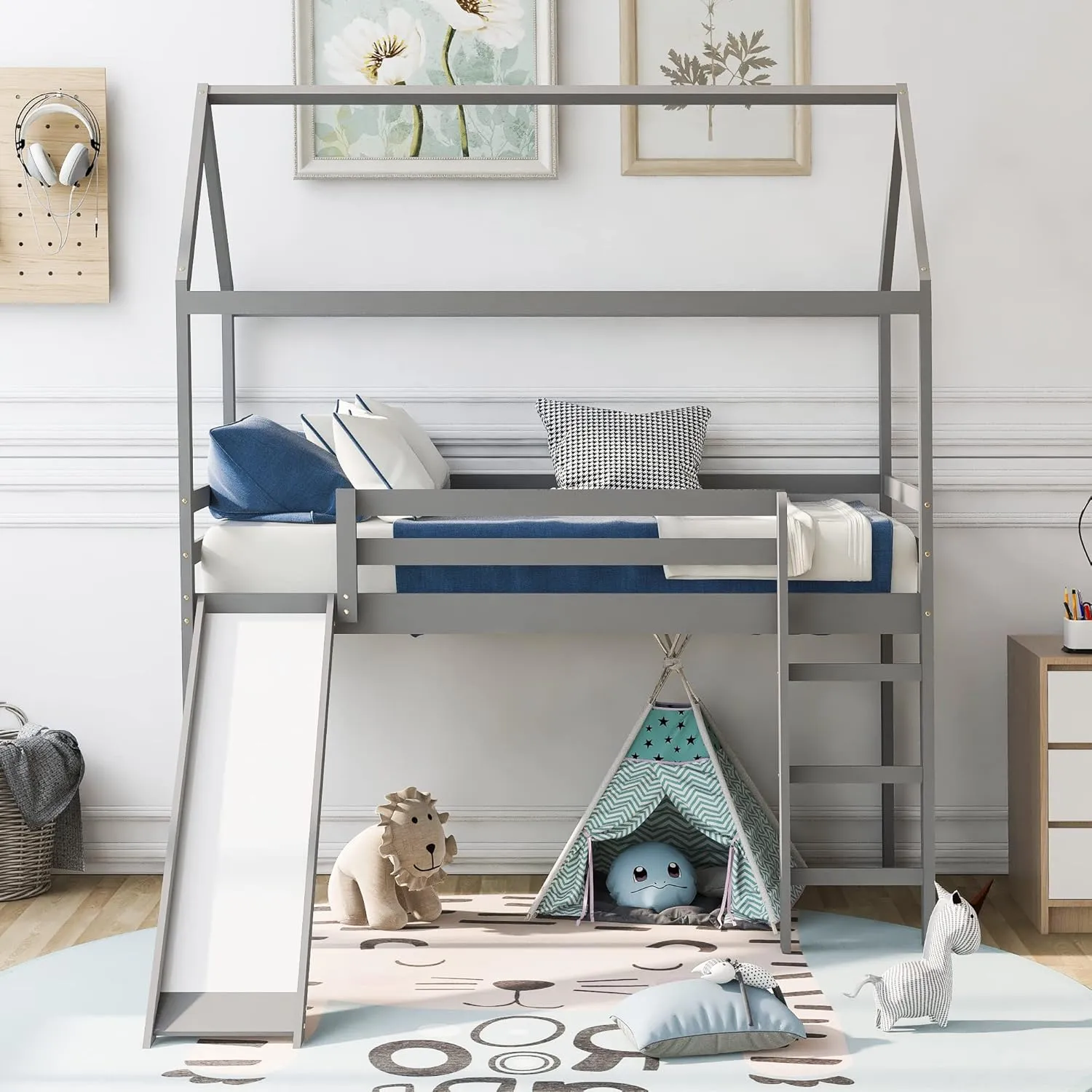 Merax House Shaped Loft Bed with Slide, Beds Frame with Ladder and Slats No Box Spring Needed for Boys or Girls, Twin Size