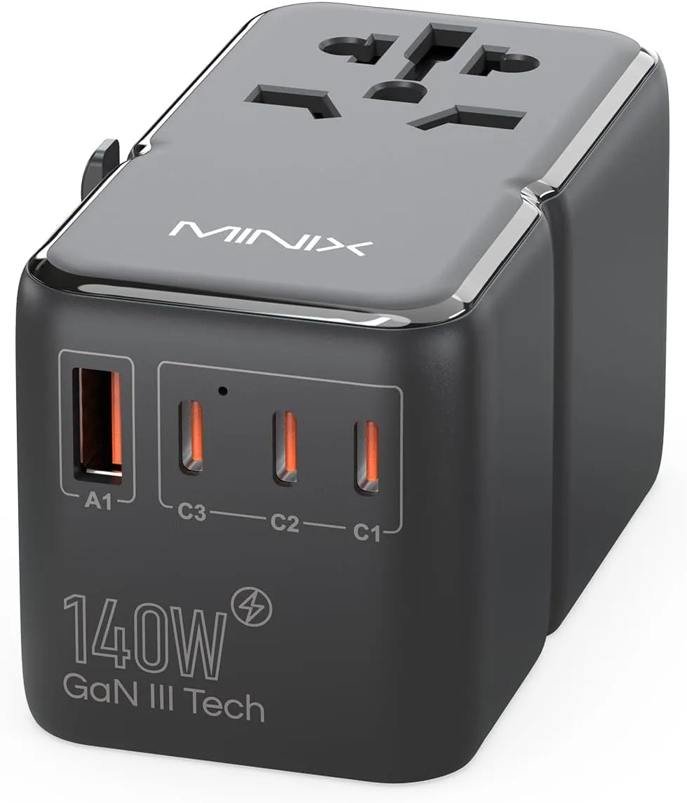 MINIX TP140 Universal Travel Adapter with 140W PD Ports GaN Technology International AC Socket with 1 USB-A and 3 USB-C Port,worldwild Adapter with Fast Charger PD3.1, QC4 , 659HF