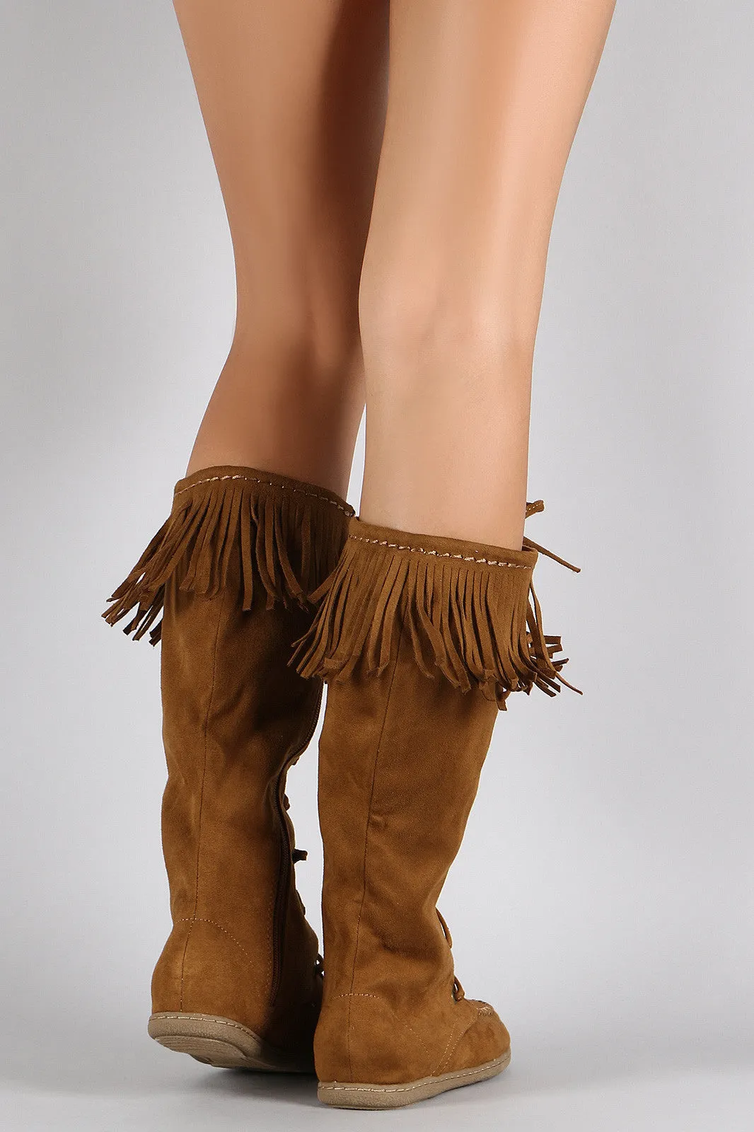 Round Toe Moccasin Boots Fringe Flat Trackable Suede Streamlined shipping Up Soda Lace