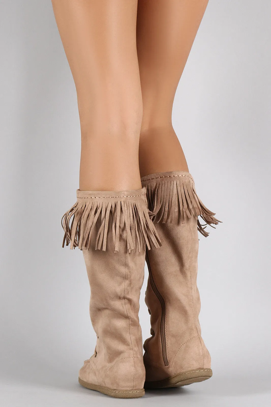 Round Toe Moccasin Boots Fringe Flat Trackable Suede Streamlined shipping Up Soda Lace