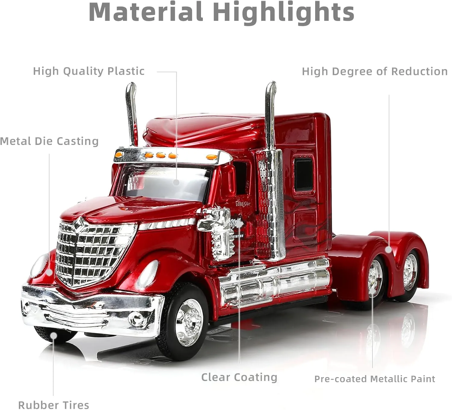 Semi Truck Toy, 1/64 Scale Alloy Metal Diecast Heavy Semi Truck Trailer Head Toy Model, International Lonestar Diecast Tow Traktor Gift for Boy Adult Model Car Collector -Red